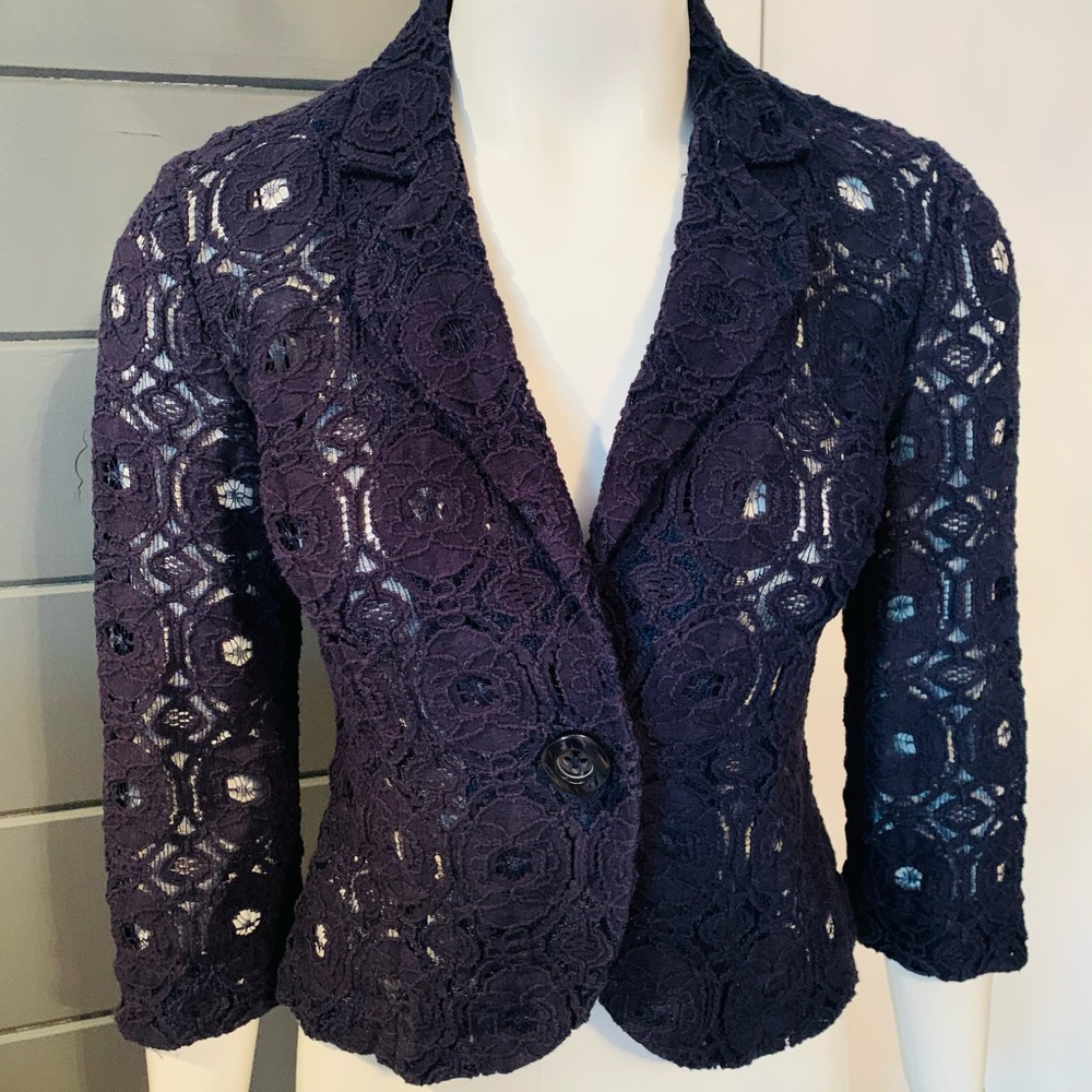 Tabitha Anthropologie Navy Lace Cropped Blazer